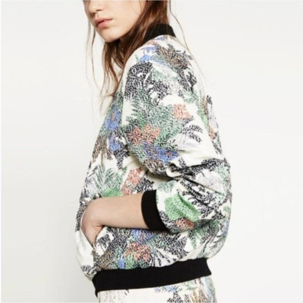 ZARA Bomber Jacket Womens Sz. S Palm-Flower Safari Cotton Lined Blogger Fav.